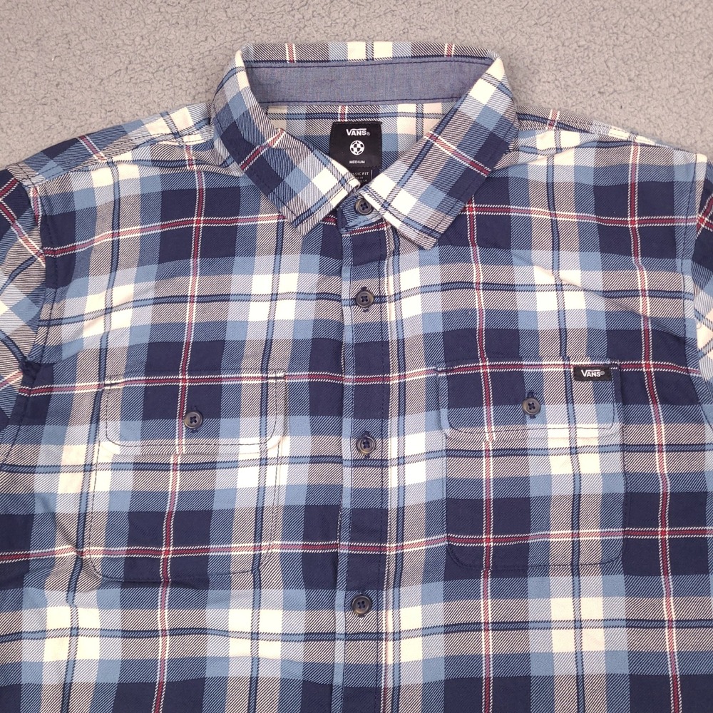 Vans Shirt Mens Medium Blue White Plaid Long Sleeve Button Down Classic Fit